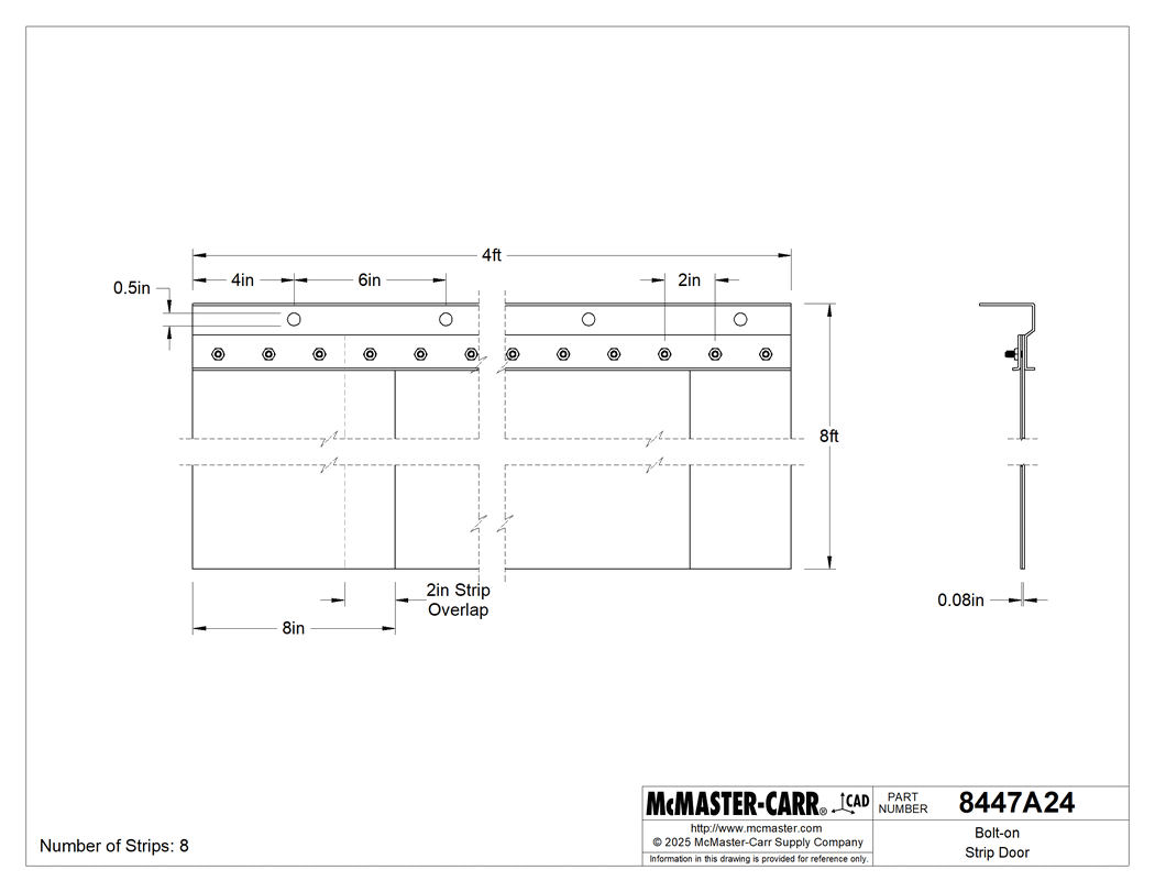 Technical Drawing of Bolt-on Strip Door, 4 Feet Wide x 8 Feet High, with 8" Wide Strips.